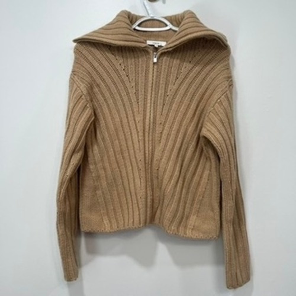 VINCE Womens Sweater XS NWT $545 Wool Cashmere Tan Knit Full Zip Oversize Collar